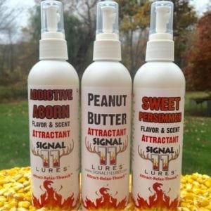 Three bottles of peanut butter, sweet almond and sweet corn.