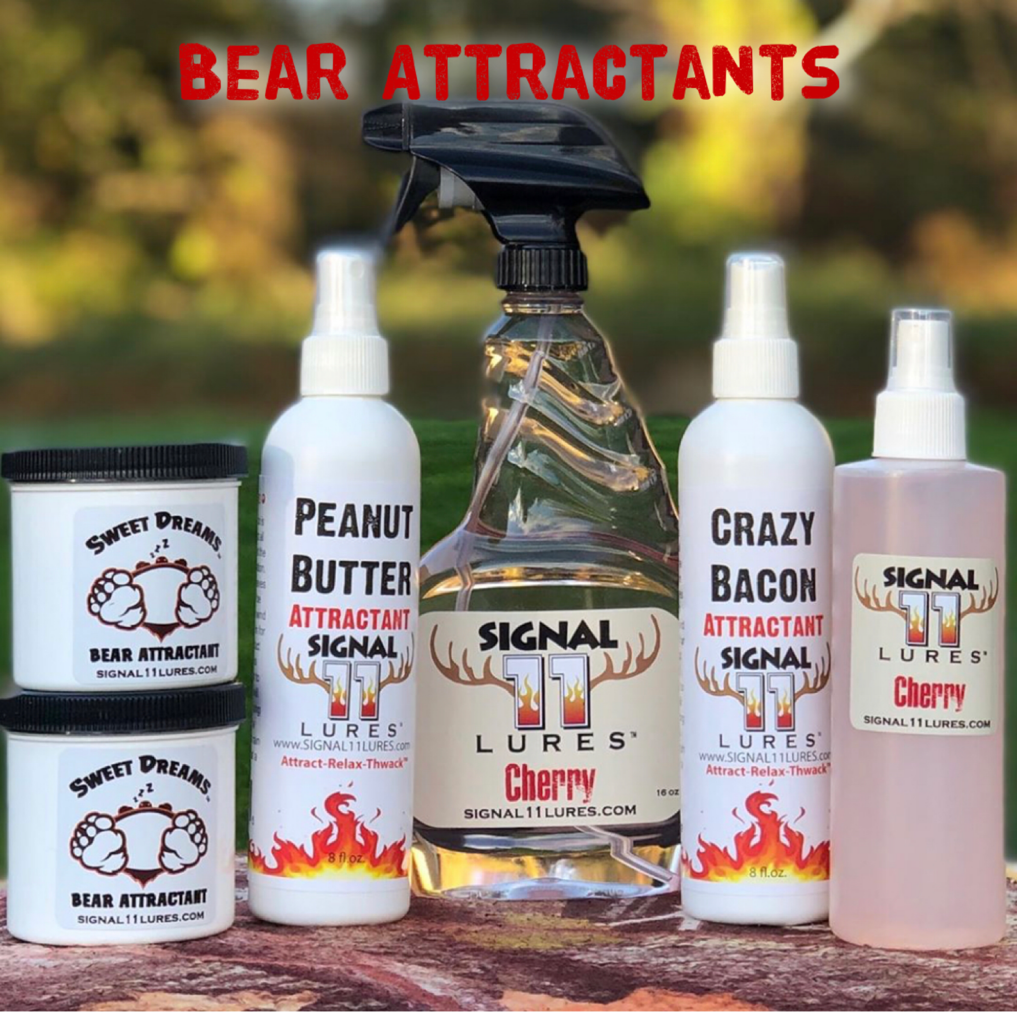 A group of bear attractants sitting on top of a table.