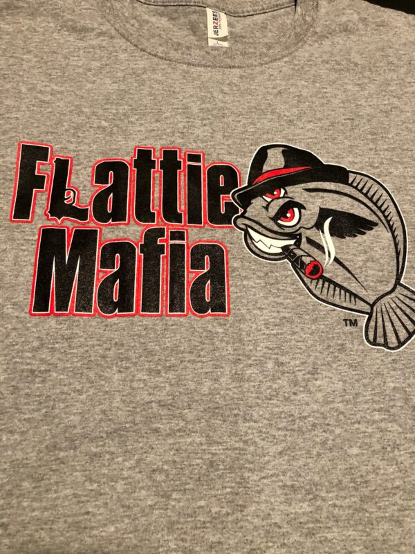 A gray shirt with a fish and the words " flattie mafia ".