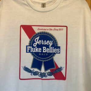 A white shirt with a blue ribbon and the words jersey fluke bellies.